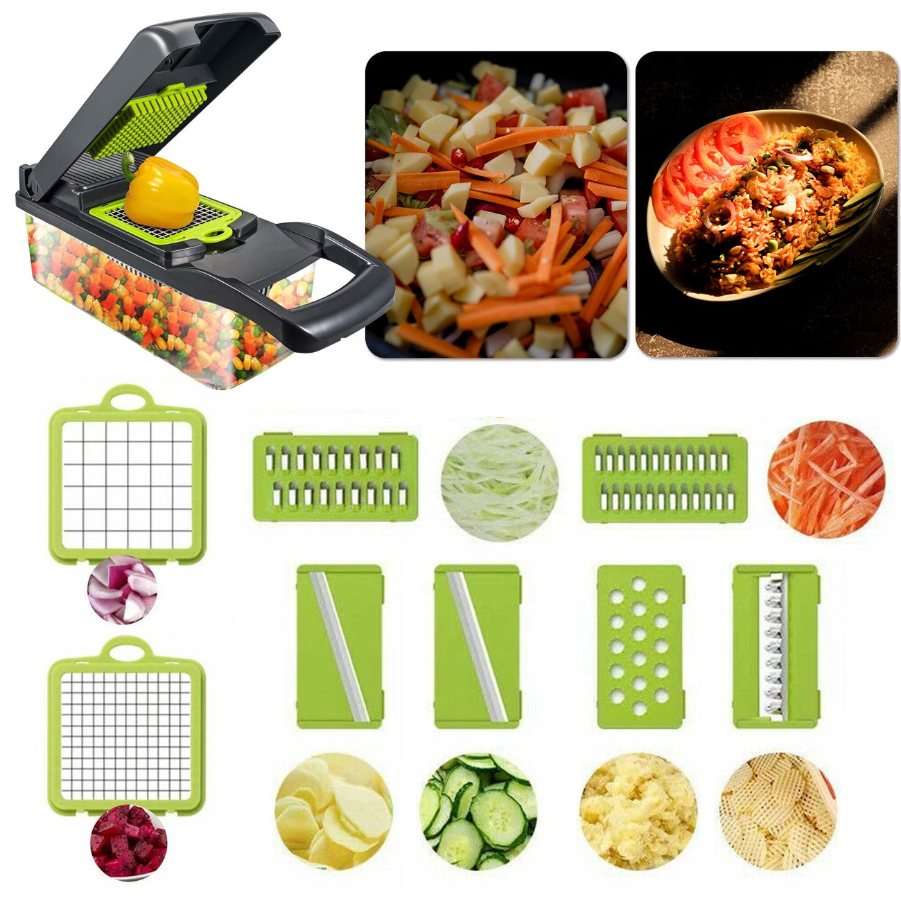 15-in-1 Gemüseschneider mit Auffangbehälter – Küchen Multischneider für Würfel, Stifte & Scheiben
