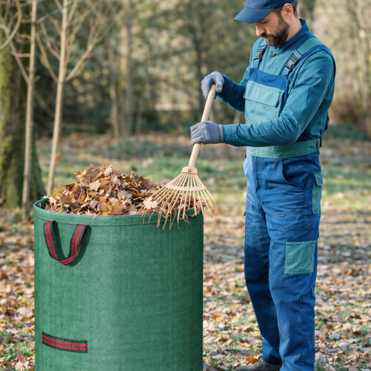 Gartenabfallsack im Einsatz, Laub sammeln, große Kapazität, stabiler Gartensack, Gartenarbeit, mit Griffen, Herbstlaub entsorgen