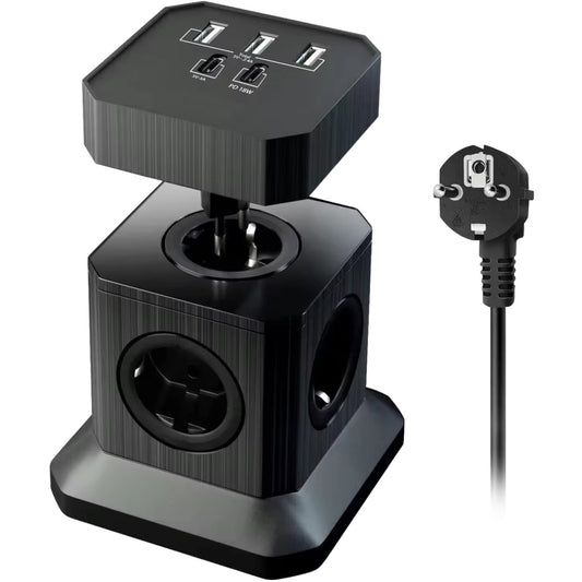 Power Cube – 4 Steckdosen & 3 USB-Anschlüsse (EU-Stecker), Schwarz | Kompakte Desktop-Steckdosenleiste