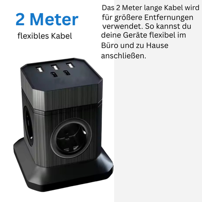 Power Cube – 4 Steckdosen & 3 USB-Anschlüsse (EU-Stecker), Schwarz | Kompakte Desktop-Steckdosenleiste