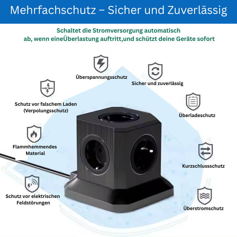 Power Cube – 4 Steckdosen & 3 USB-Anschlüsse (EU-Stecker), Schwarz | Kompakte Desktop-Steckdosenleiste