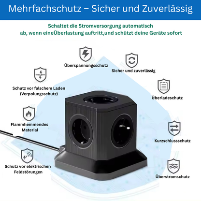 Power Cube – 4 Steckdosen & 3 USB-Anschlüsse (EU-Stecker), Schwarz | Kompakte Desktop-Steckdosenleiste