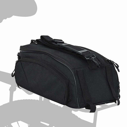 Kompakte schwarze Fahrradtasche 38 x 21 x 16 cm am Fahrradgepäckträger montiert