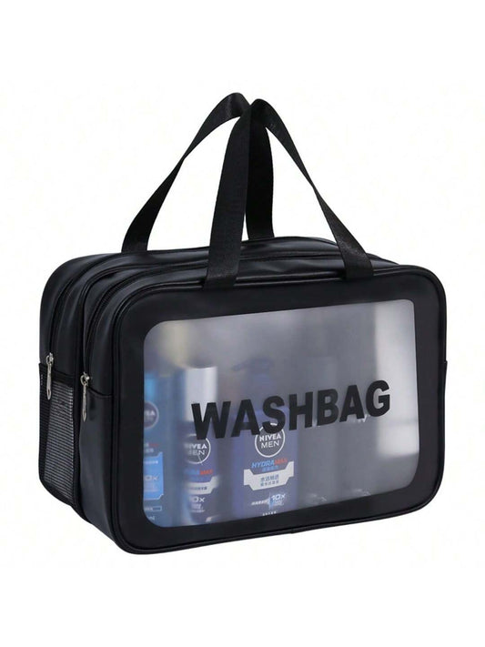 Transparente Reise-Kosmetiktasche – gefüllt, Vorderseite WASHBAG.