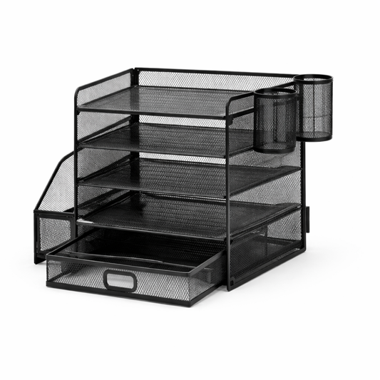 Schreibtisch Organizer Metall - 5 Ebenen Dokumentenablage - Schublade - Stifthalter - schwarz - Büro Organisation
